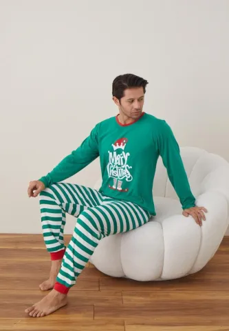 Pijama Craciun Barbat Pantaloni Lungi Maneca Lunga,Verde,Merry Chistmas hover