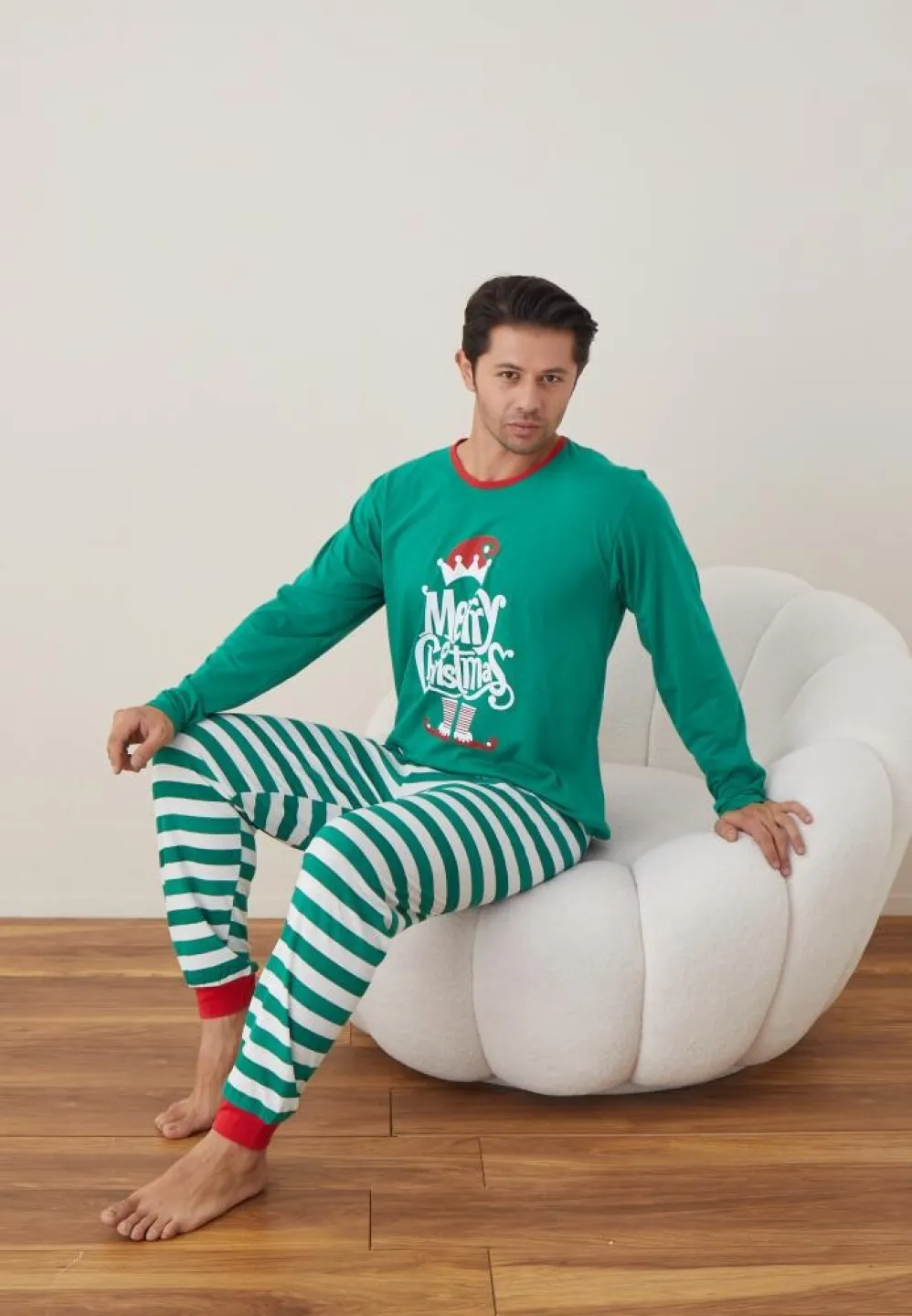 Pijama Crăciun Bărbați, Pantaloni Lungi, Mânecă Lungă, Verde, Merry Christmas - 3