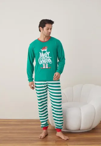 Pijama Craciun Barbat Pantaloni Lungi Maneca Lunga,Verde,Merry Chistmas