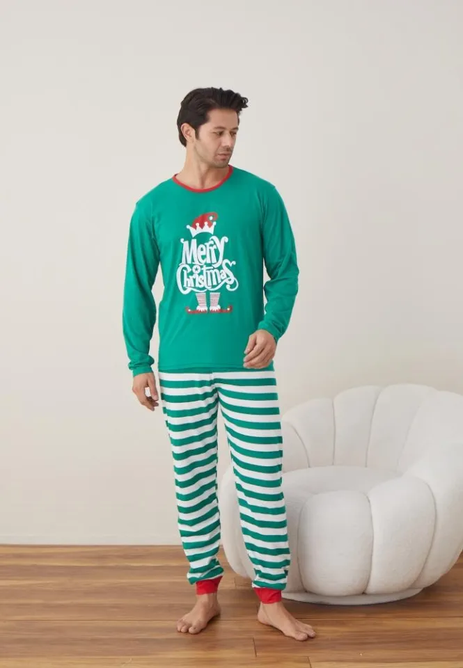 Pijama Crăciun Bărbați, Pantaloni Lungi, Mânecă Lungă, Verde, Merry Christmas