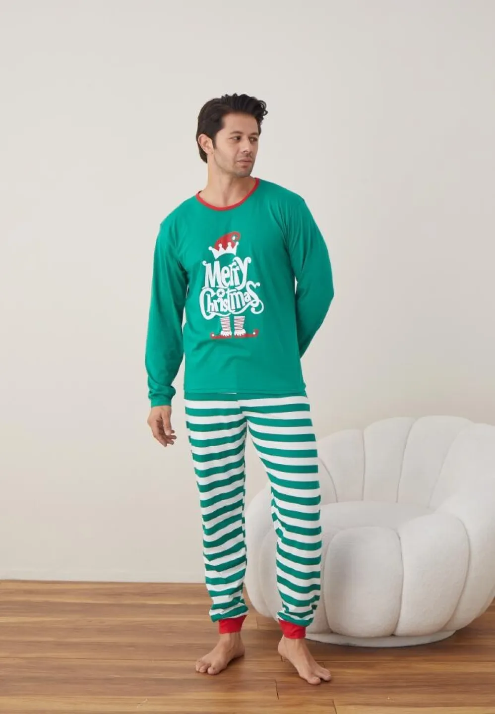 Pijama Crăciun Bărbați, Pantaloni Lungi, Mânecă Lungă, Verde, Merry Christmas - 4