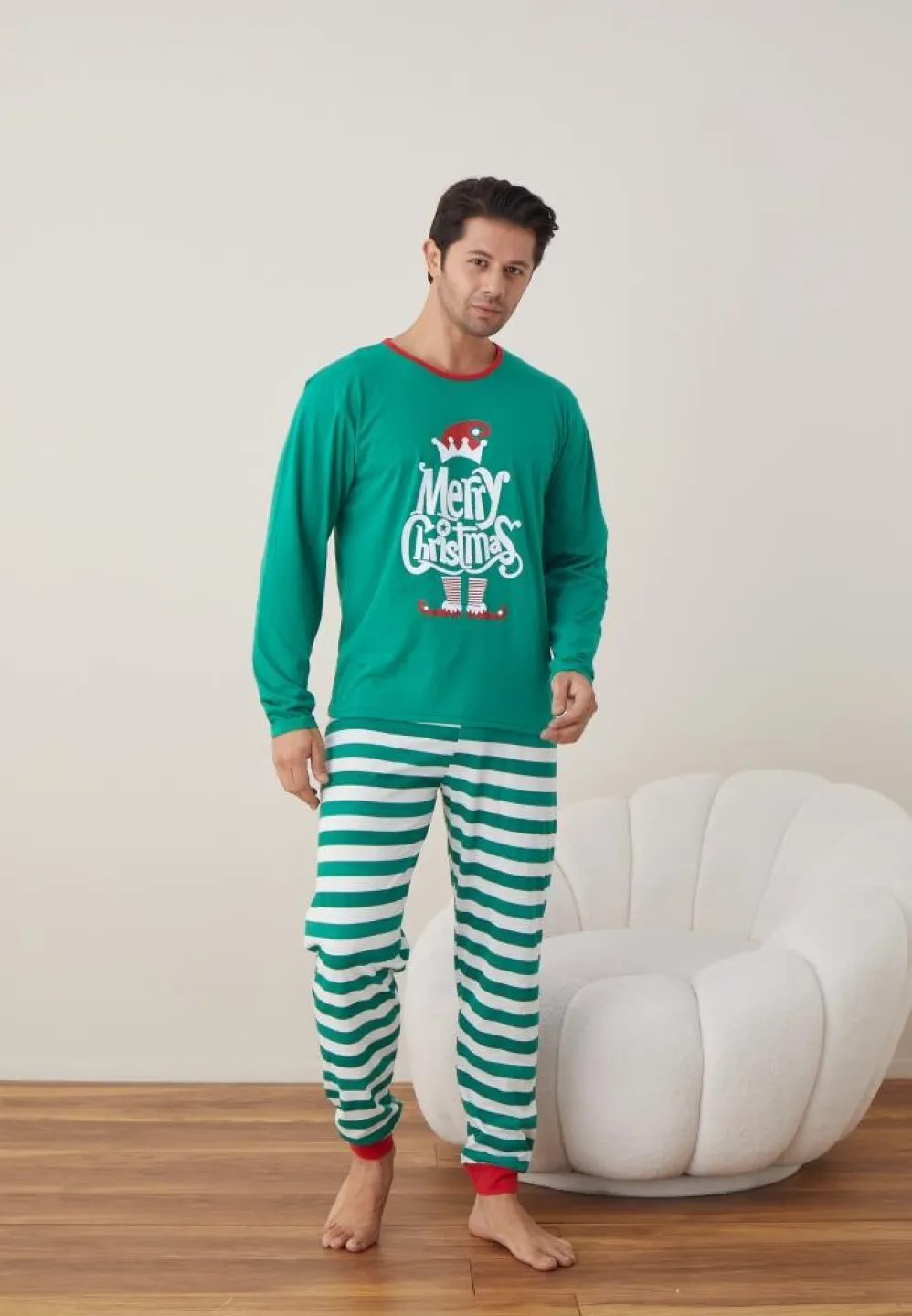 Pijama Crăciun Bărbați, Pantaloni Lungi, Mânecă Lungă, Verde, Merry Christmas - 5