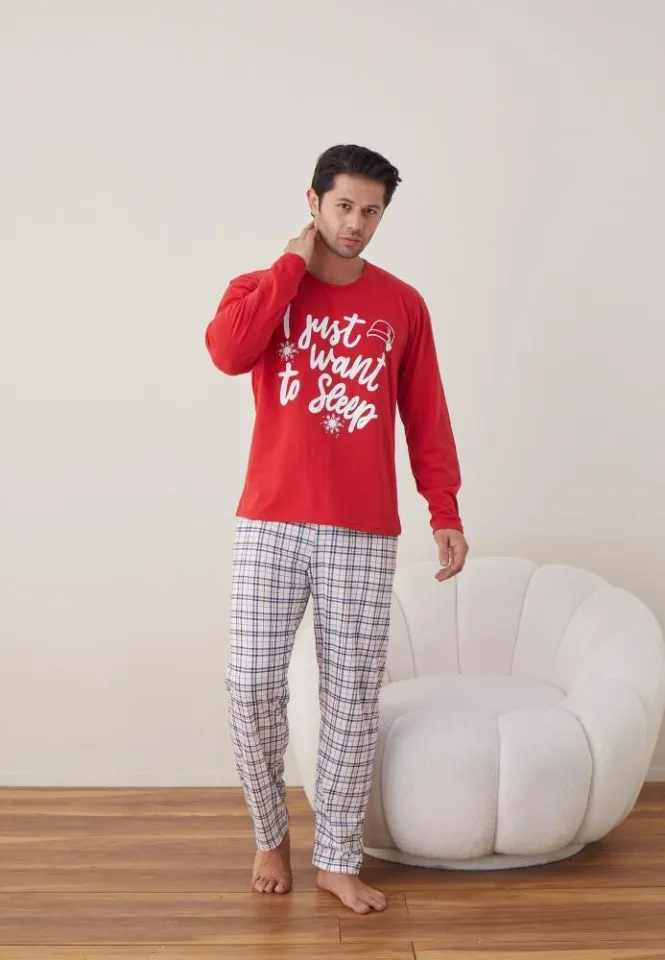 Pijama Crăciun Bărbați, Pantaloni Lungi, Mânecă Lungă, Roșu, To Sleep