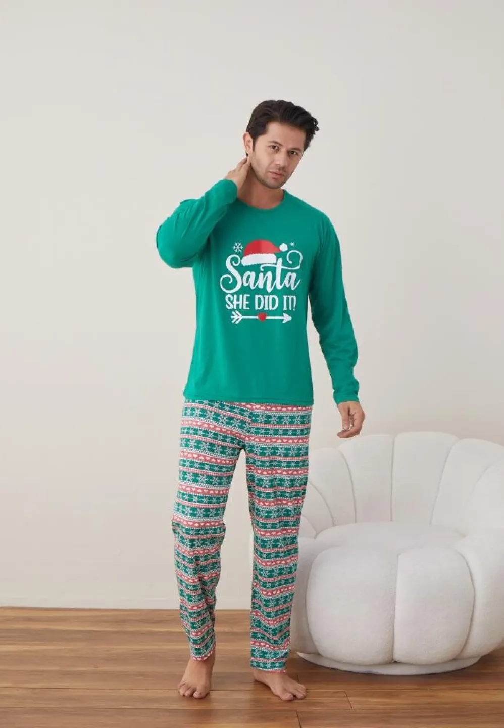 Pijama Crăciun Bărbați, Pantaloni Lungi, Mânecă Lungă, Verde, Santa - 3