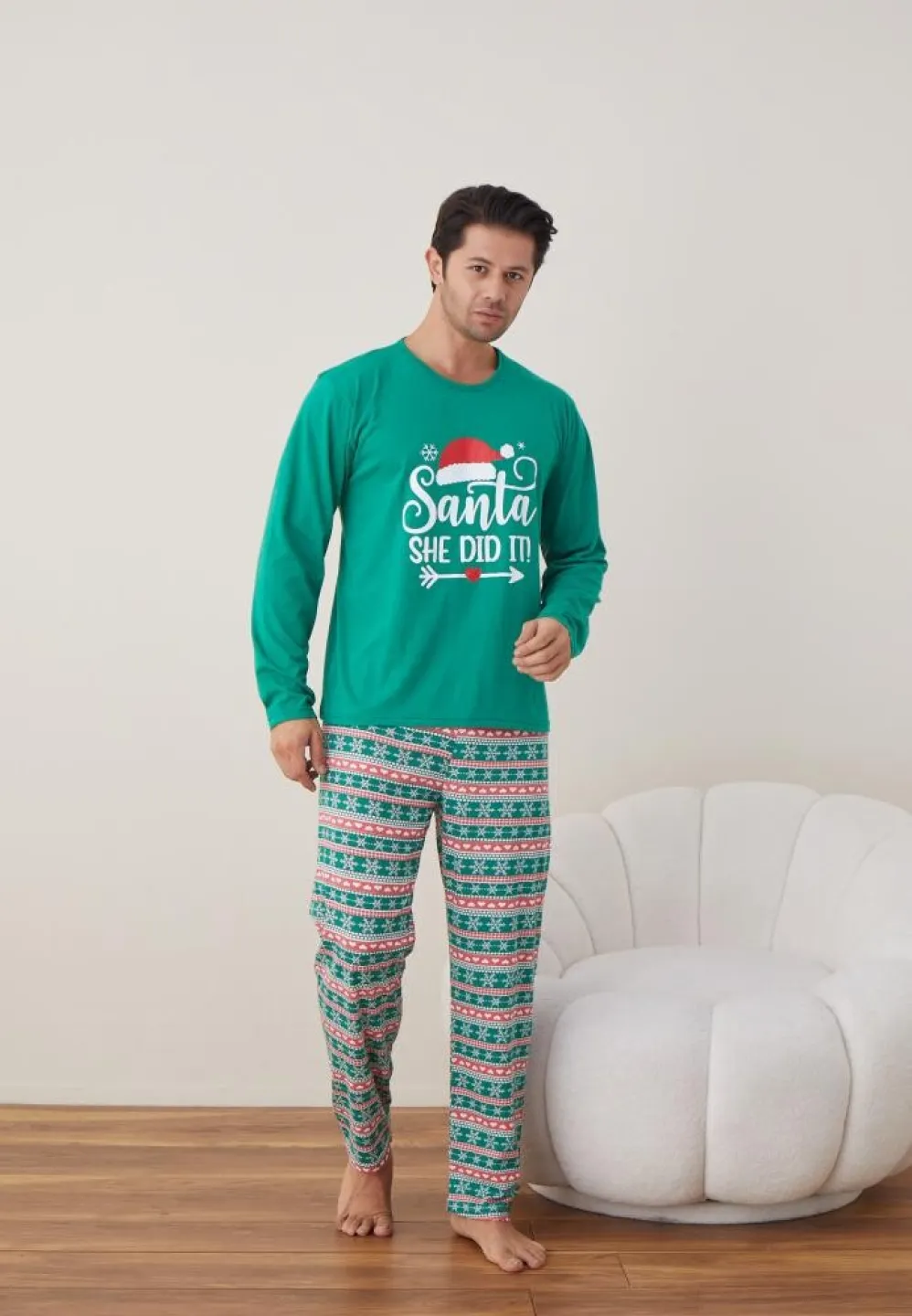 Pijama Crăciun Bărbați, Pantaloni Lungi, Mânecă Lungă, Verde, Santa - 4