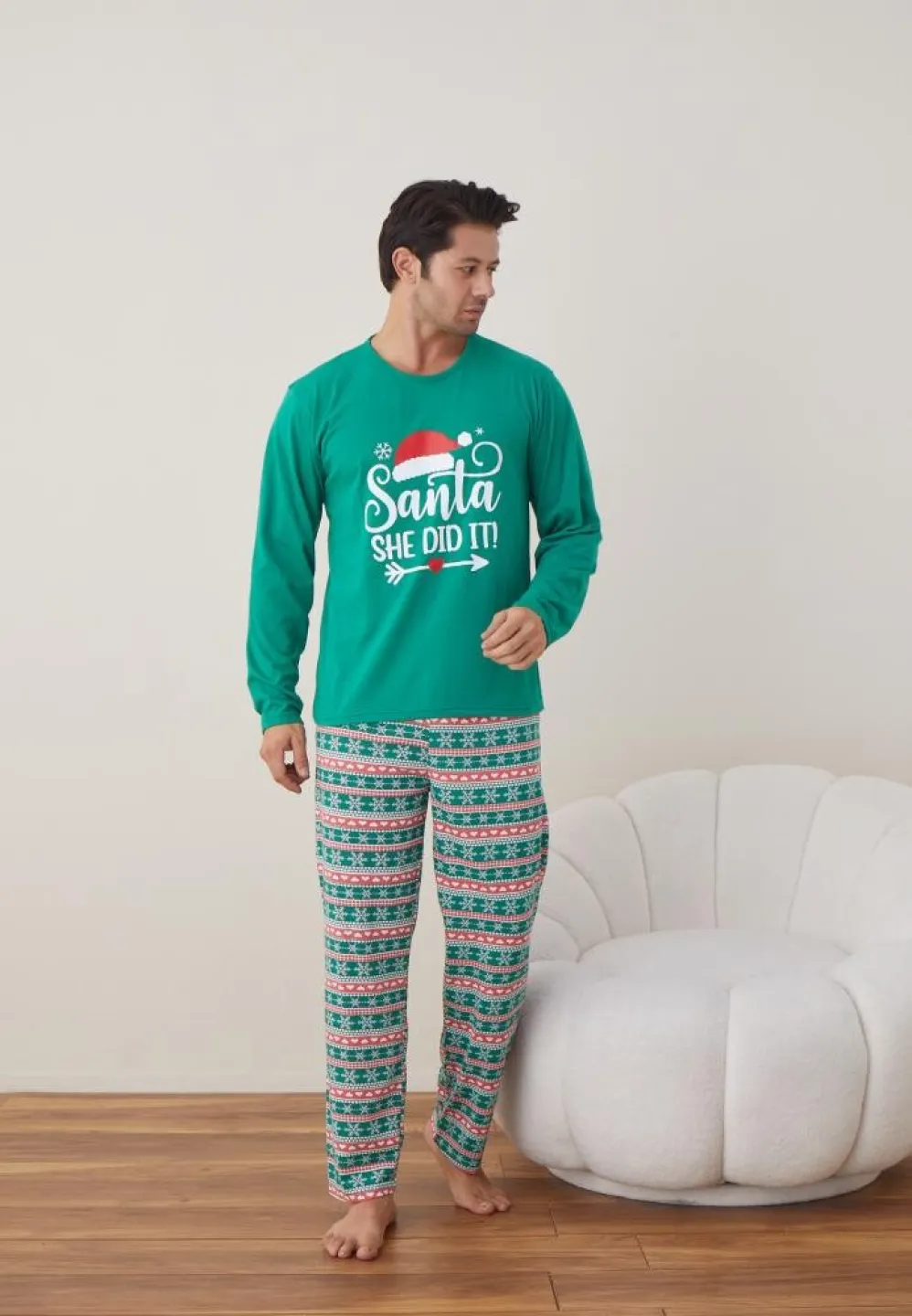 Pijama Crăciun Bărbați, Pantaloni Lungi, Mânecă Lungă, Verde, Santa - 5