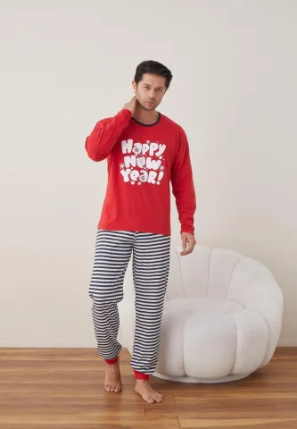 Pijama Craciun Barbat Pantaloni Lungi Maneca Lunga,Rosu,Happy New Year!