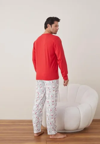 Pijama Crăciun Bărbați, Pantaloni Lungi, Mânecă Lungă, Roșu, Happy New Year hover