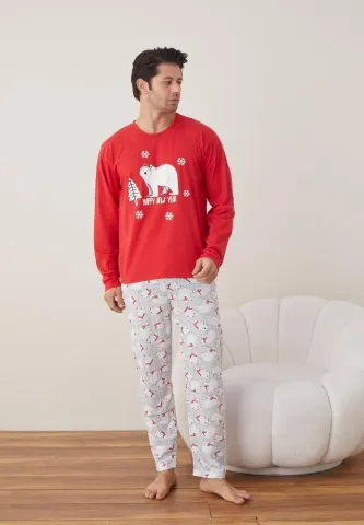 Pijama Crăciun Bărbați, Pantaloni Lungi, Mânecă Lungă, Roșu, Happy New Year