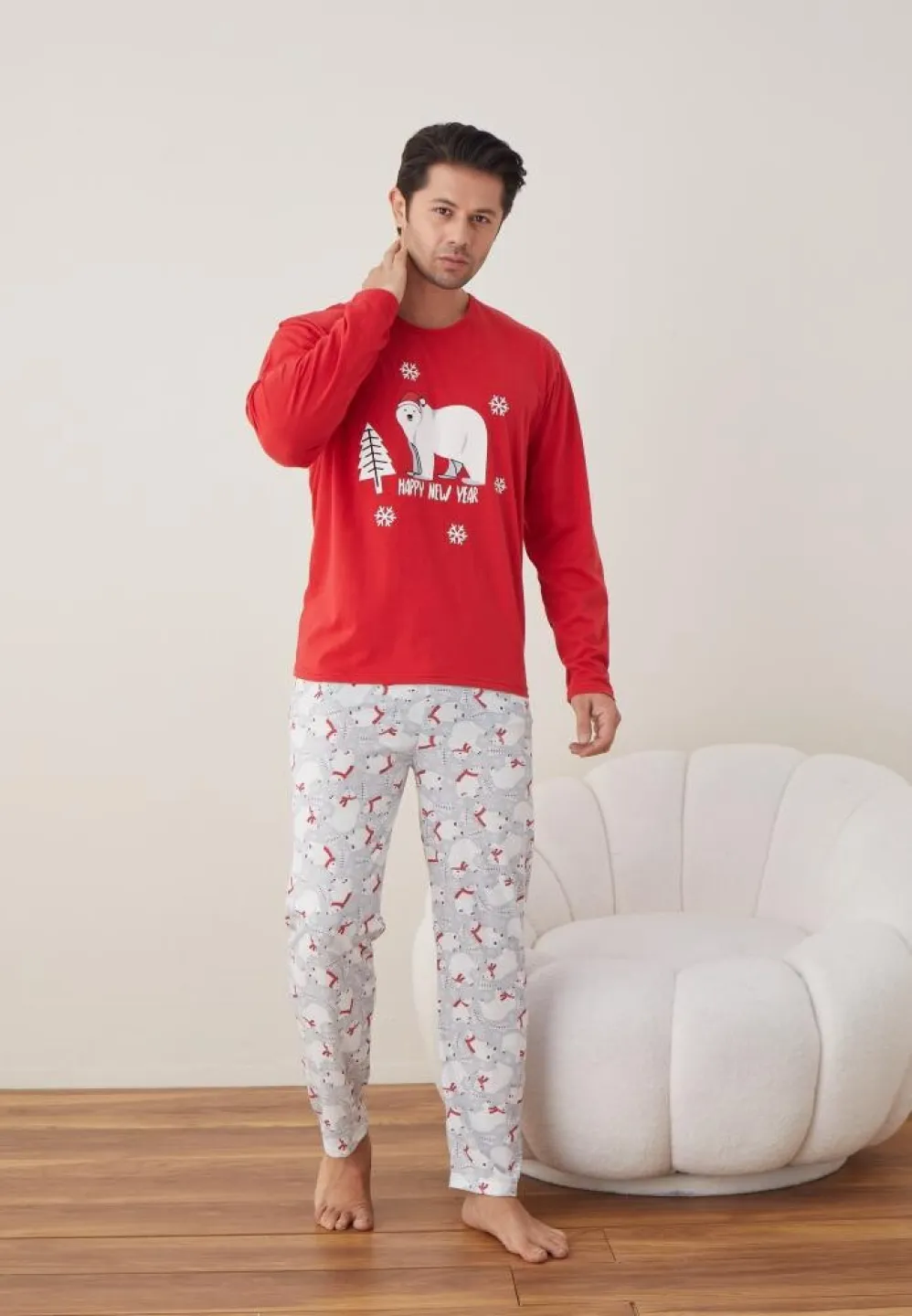 Pijama Crăciun Bărbați, Pantaloni Lungi, Mânecă Lungă, Roșu, Happy New Year - 3
