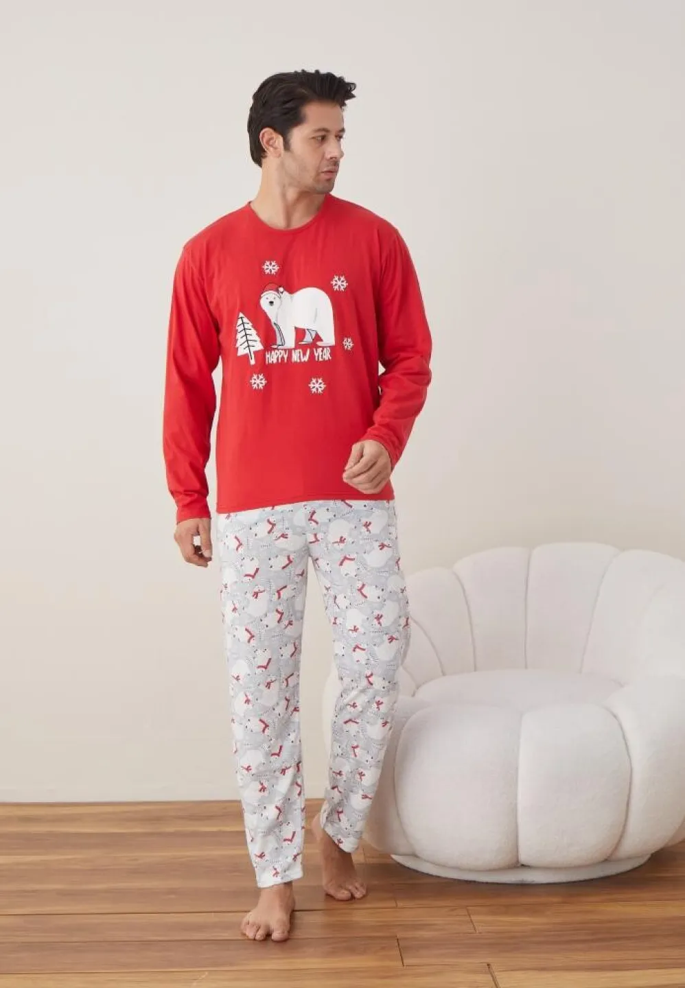 Pijama Crăciun Bărbați, Pantaloni Lungi, Mânecă Lungă, Roșu, Happy New Year - 5