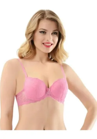 Sutien Roz cu Dantelă, Push-Up și Balene