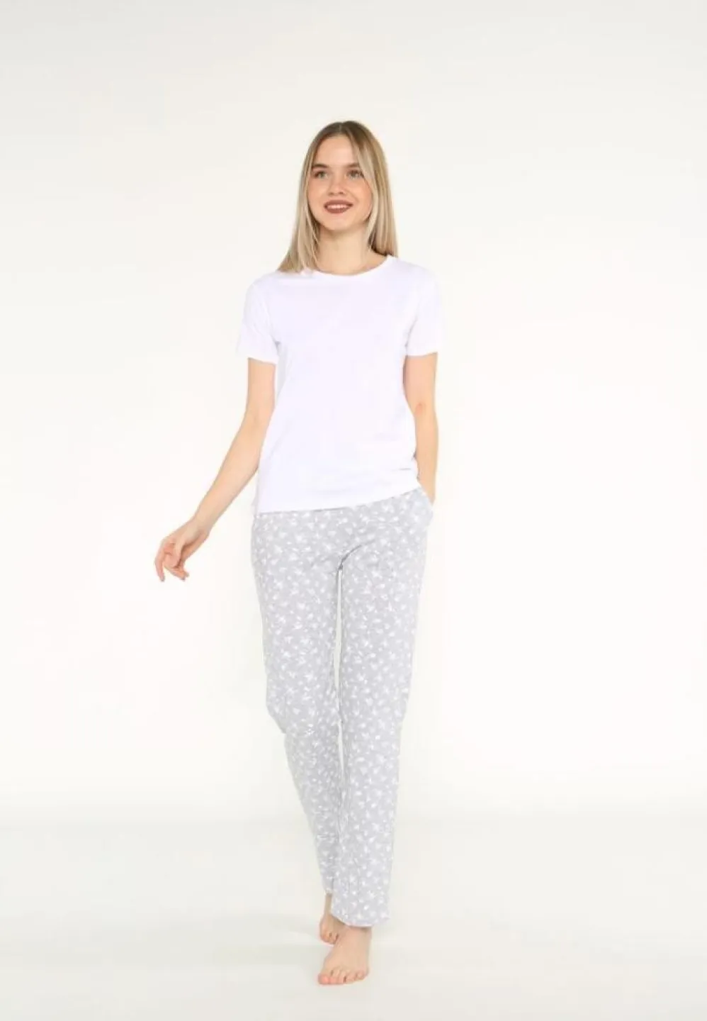 Pijama Dama, Maneca Scurta, Alb, Pantalon Lungi - 2