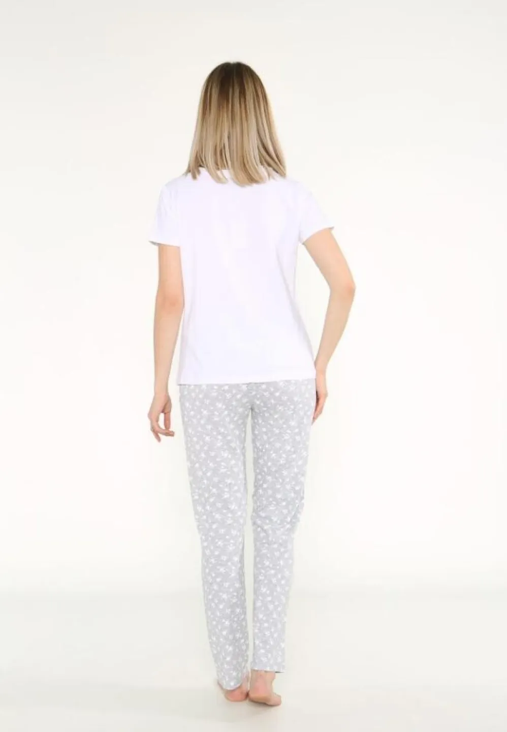 Pijama Dama, Maneca Scurta, Alb, Pantalon Lungi - 3