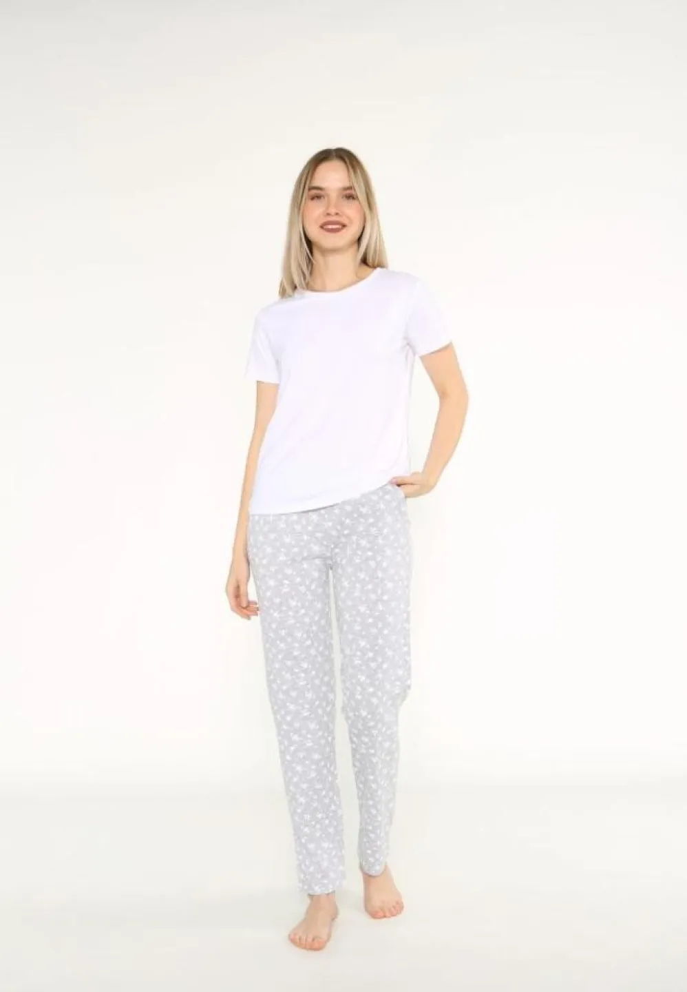 Pijama Dama, Maneca Scurta, Alb, Pantalon Lungi - 1