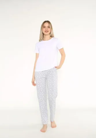 Pijama Dama, Maneca Scurta, Alb, Pantalon Lungi