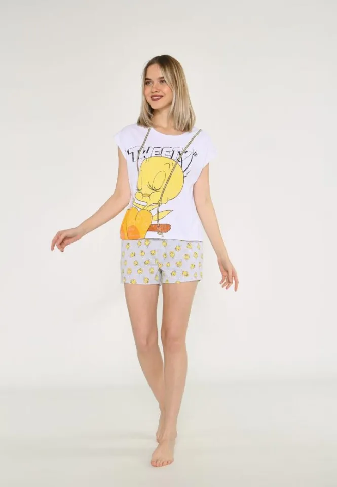 Pijama Dama Cu Tricou și Short Tweet, Material Bumbac Moale