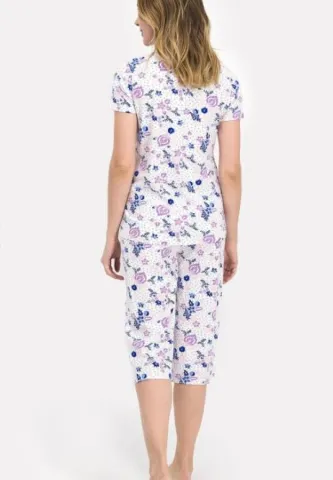 Pijama Dama Bumbac Mânecă Scurtă, Pantalon Trei Sferturi cu Dantelă hover