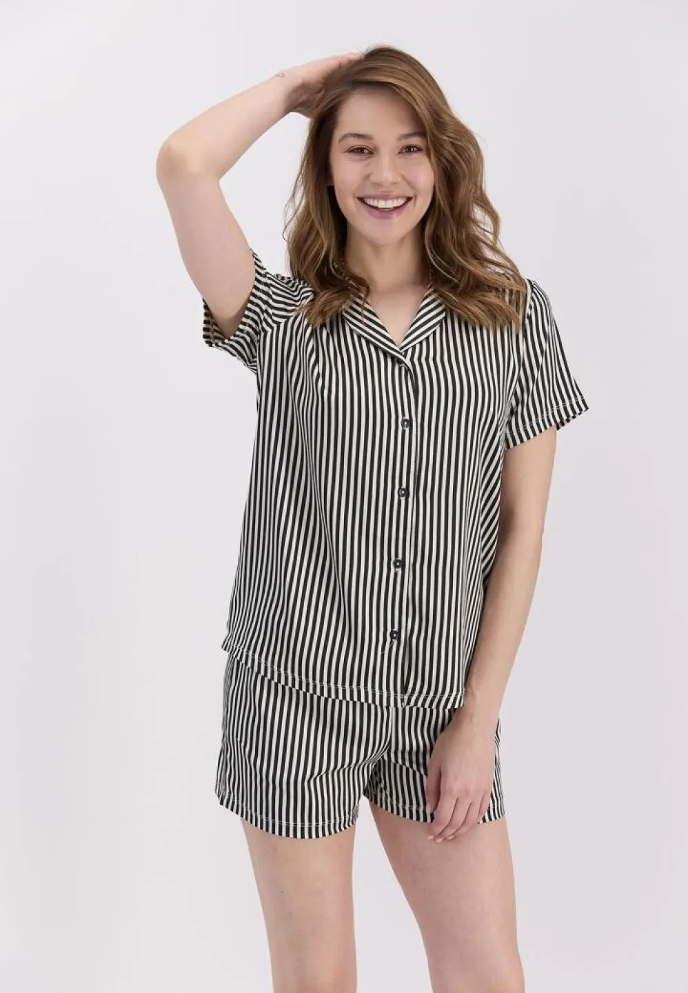 Pijama Dama Cu Dungi Negre, Bumbac Pierre Cardin, Cămașă și Short - 5