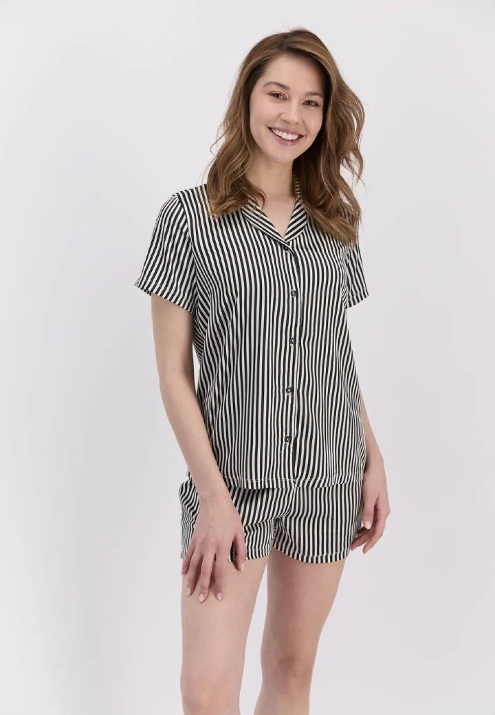Pijama Dama Cu Dungi Negre, Bumbac Pierre Cardin, Cămașă și Short - 6
