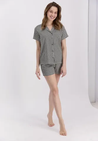 Pijama Dama Cu Dungi Negre, Bumbac Pierre Cardin, Cămașă și Short