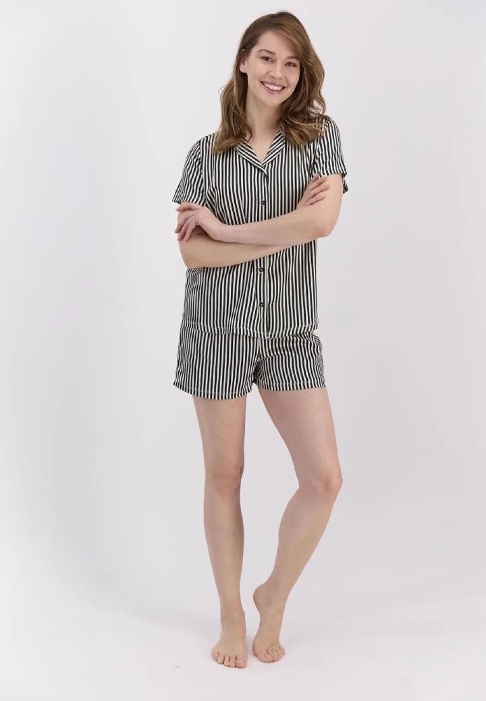 Pijama Dama Cu Dungi Negre, Bumbac Pierre Cardin, Cămașă și Short - 7