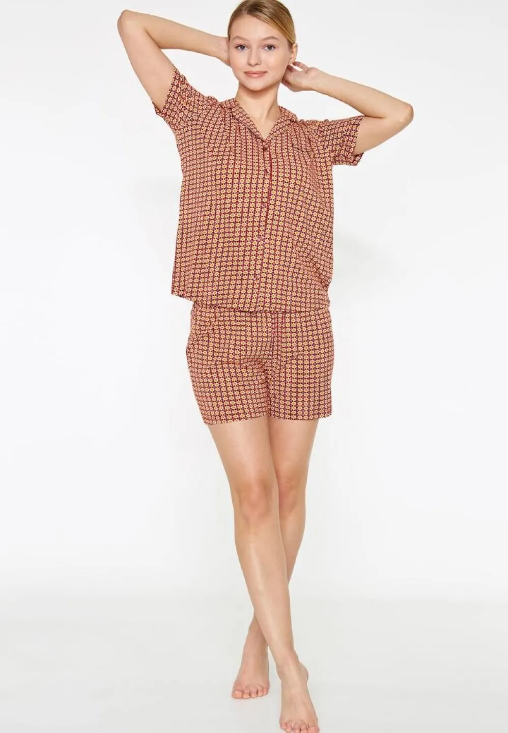 Pijama Dama Pierre Cardin, Bumbac, Cu Cămașă și Short Asortat Carouri - 3