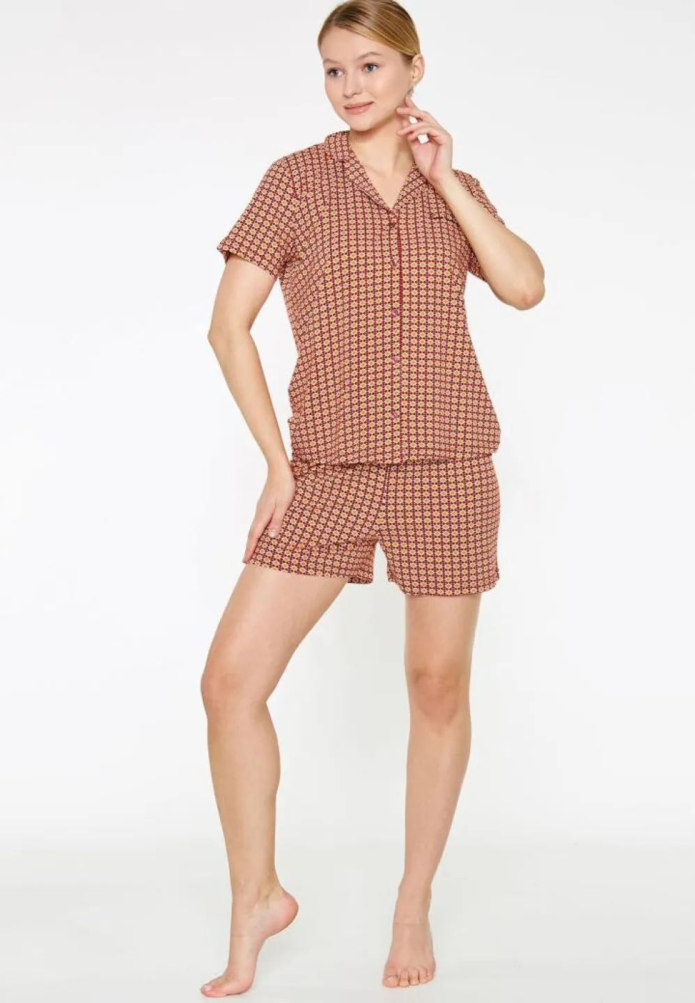 Pijama Dama Pierre Cardin, Bumbac, Cu Cămașă și Short Asortat Carouri - 1