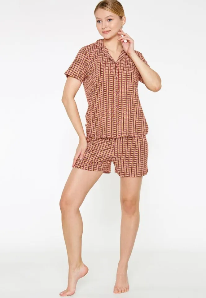 Pijama Dama Pierre Cardin, Bumbac, Cu Cămașă și Short Asortat Carouri