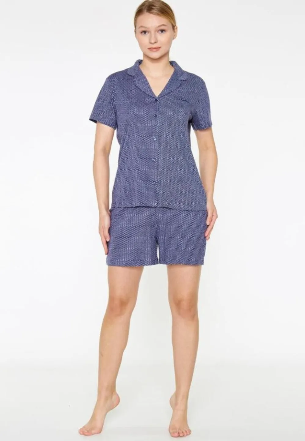 Pijama Dama Albastru, Bumbac Pierre Cardin, Cămașă și Short - 1