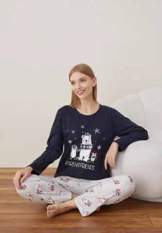 Pijama Craciun Dama Maneca Lunga Pantalon Lungi,Bleumarin,Forever Friends hover