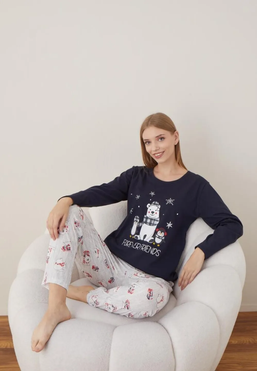 Pijama Craciun Dama Bleumarin Maneca Lunga Pantalon Lungi Forever Friends - 4