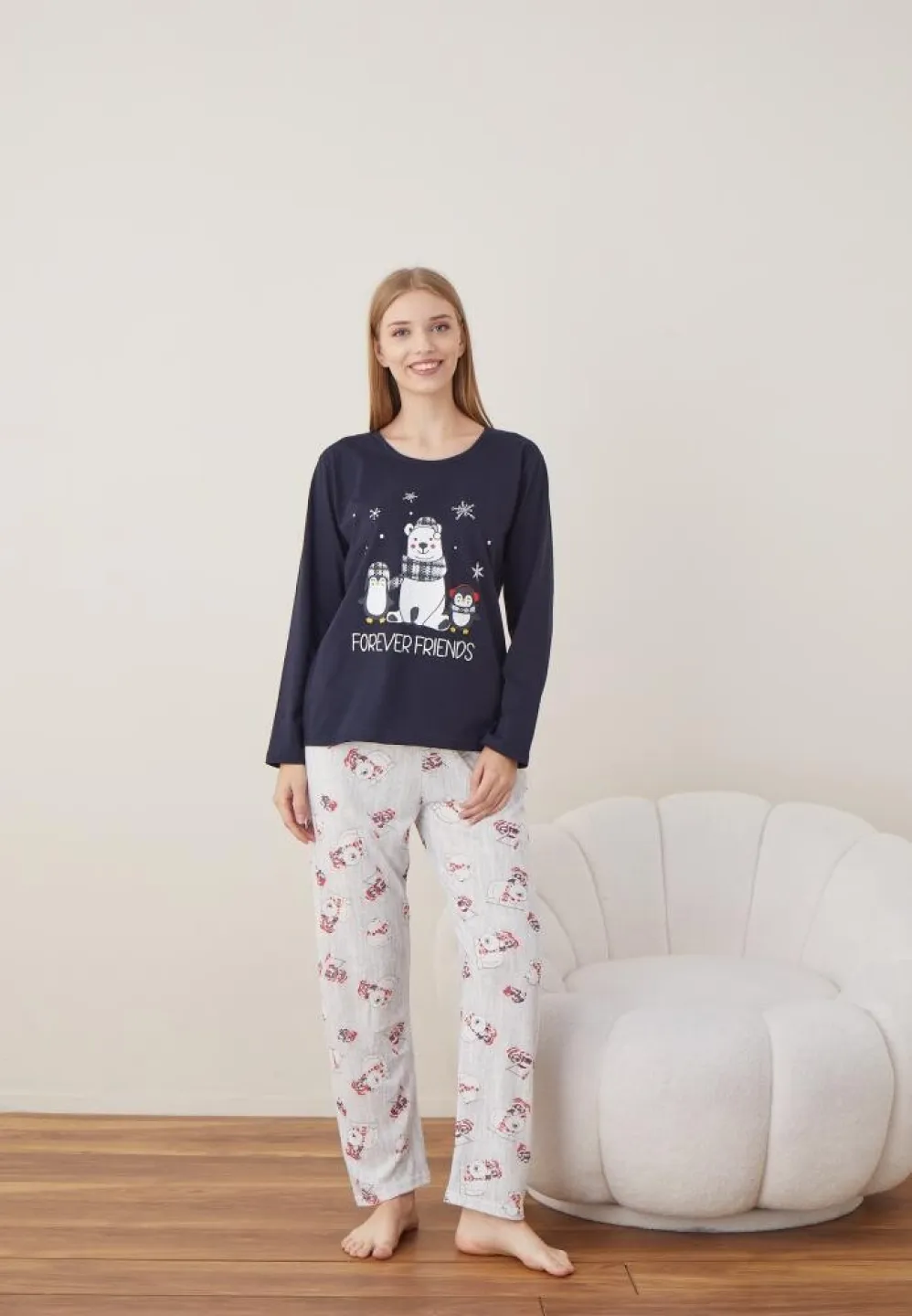 Pijama Craciun Dama Bleumarin Maneca Lunga Pantalon Lungi Forever Friends - 5