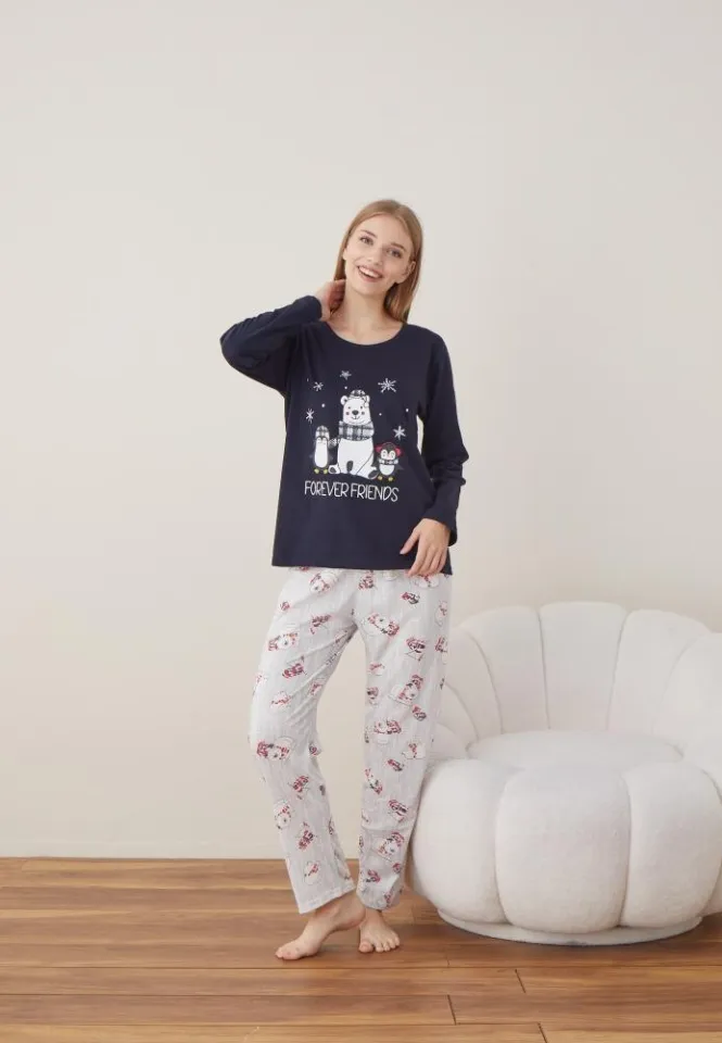 Pijama Craciun Dama Bleumarin Maneca Lunga Pantalon Lungi Forever Friends