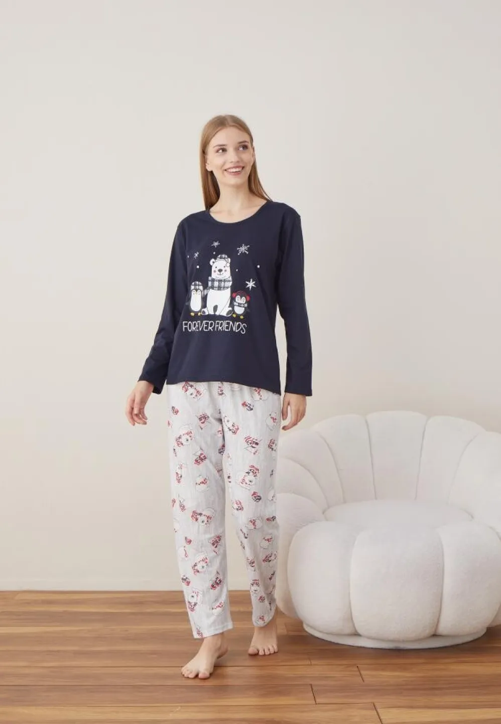 Pijama Craciun Dama Bleumarin Maneca Lunga Pantalon Lungi Forever Friends - 6