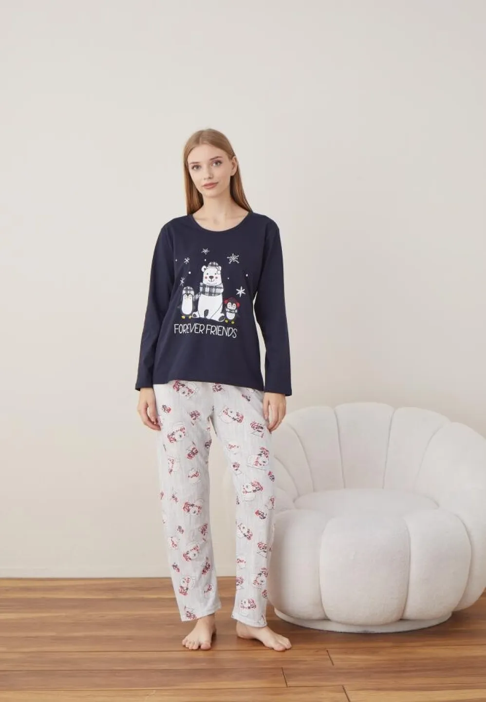 Pijama Craciun Dama Bleumarin Maneca Lunga Pantalon Lungi Forever Friends - 7