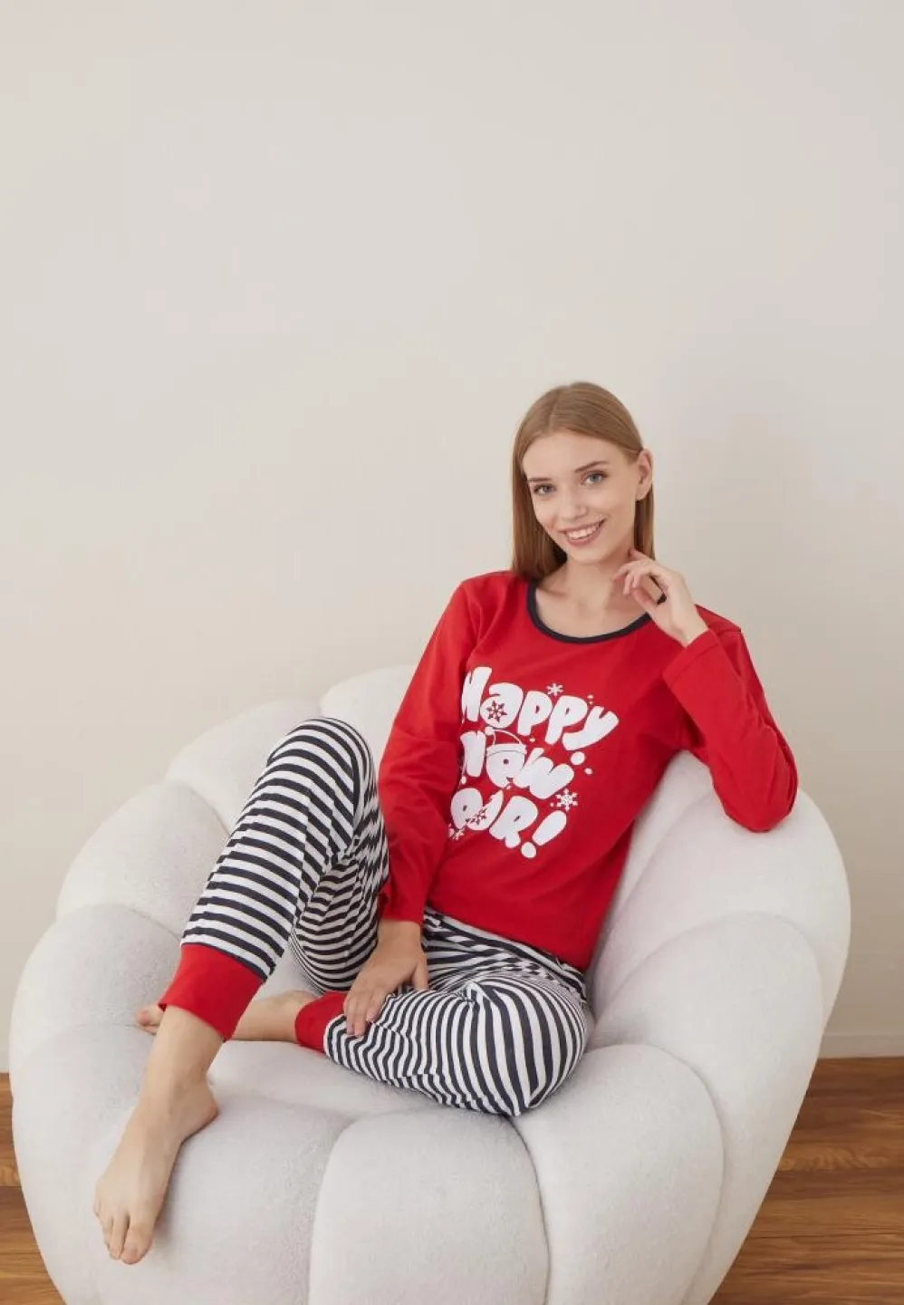 Pijama Craciun Dama Rosu HAPPY NEW YEAR Maneca Lunga Pantalon Lungi - 2