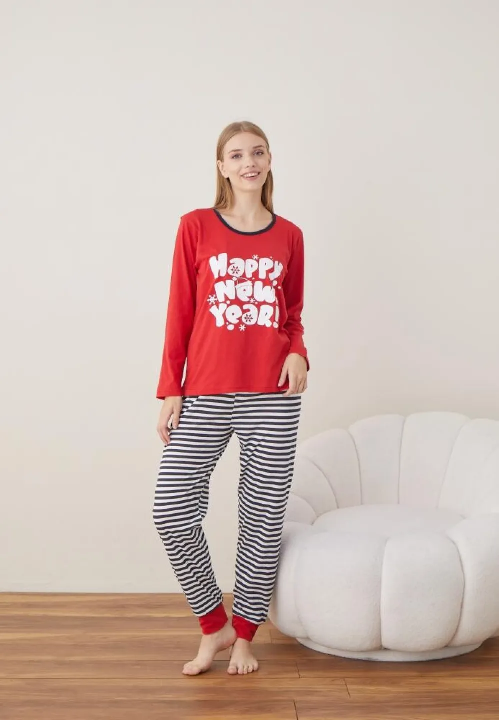 Pijama Craciun Dama Rosu HAPPY NEW YEAR Maneca Lunga Pantalon Lungi - 4