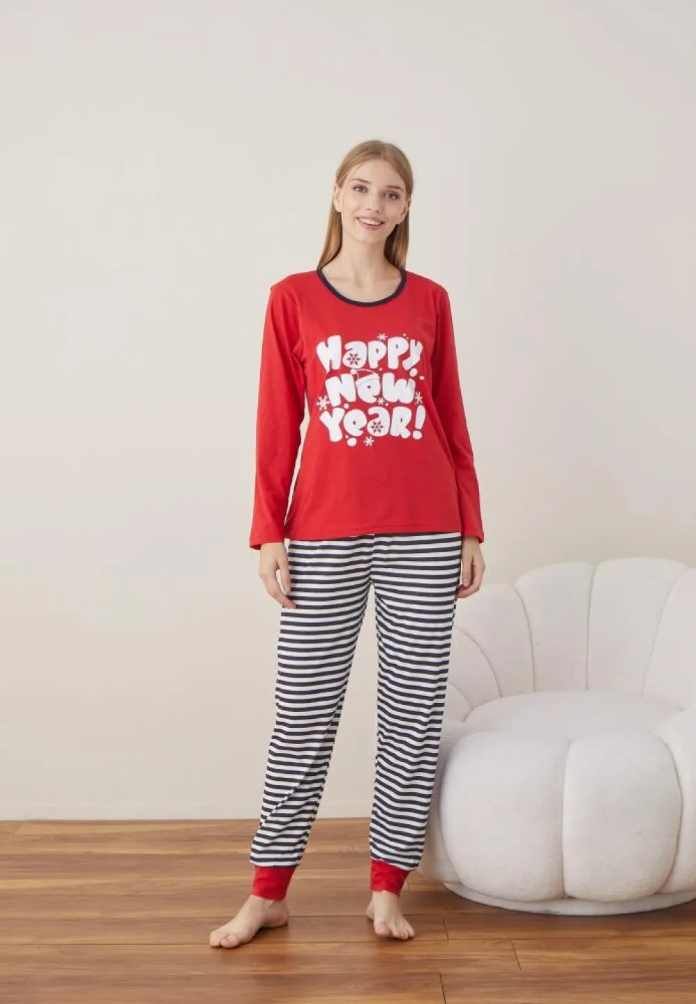 Pijama Craciun Dama Rosu HAPPY NEW YEAR Maneca Lunga Pantalon Lungi - 1