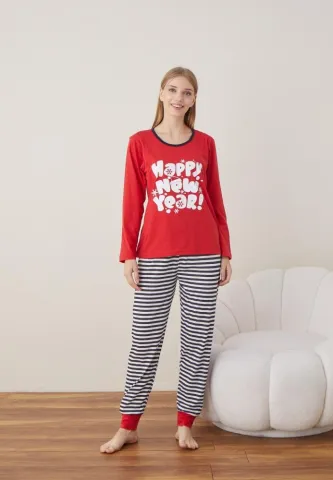 Pijama Craciun Dama Rosu HAPPY NEW YEAR Maneca Lunga Pantalon Lungi