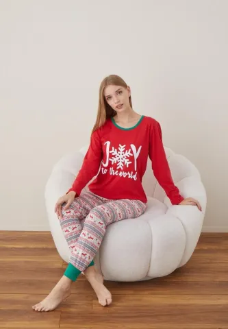 Pijama Craciun Dama Maneca Lunga Pantalon Lungi,Rosu,Joy hover