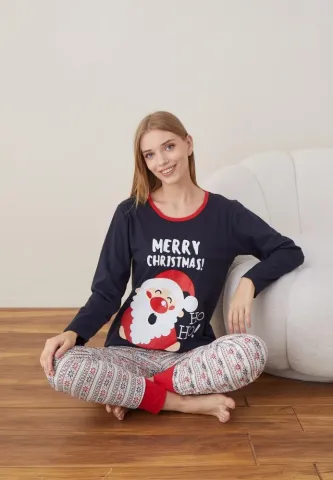 Pijama Craciun Dama Maneca Lunga Pantalon Lungi,Bleumarin,MERRY CHRISTMAS