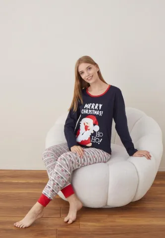 Pijama Craciun Dama Maneca Lunga Pantalon Lungi,Bleumarin,MERRY CHRISTMAS hover