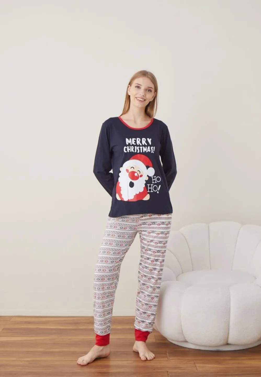 Pijama Craciun Dama Bleumarin MERRY CHRISTMAS Maneca Lunga Pantalon Lungi - 3
