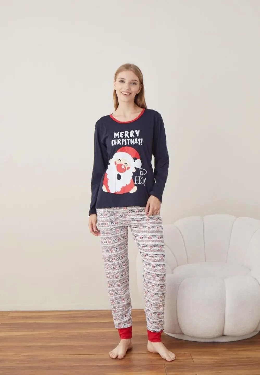 Pijama Craciun Dama Bleumarin MERRY CHRISTMAS Maneca Lunga Pantalon Lungi - 4