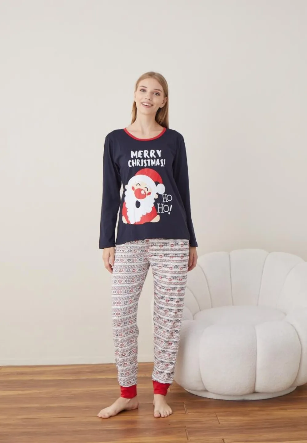Pijama Craciun Dama Bleumarin MERRY CHRISTMAS Maneca Lunga Pantalon Lungi - 5