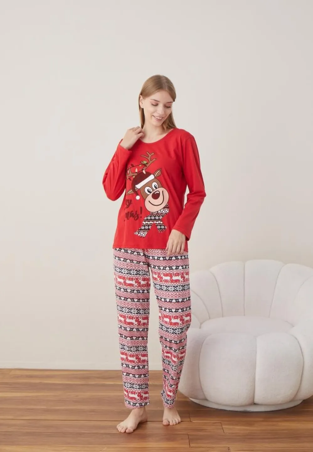 Pijama Craciun Dama Rosu Ren Maneca Lunga Pantalon Lungi - 6
