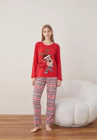 Pijama Craciun Dama Rosu Ren Maneca Lunga Pantalon Lungi