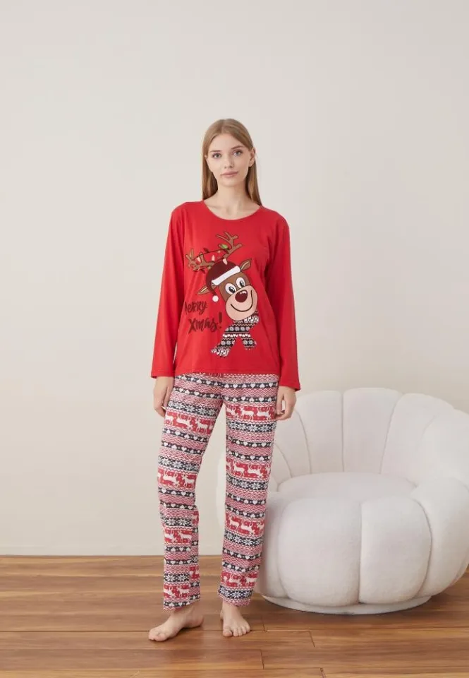 Pijama Craciun Dama Rosu Ren Maneca Lunga Pantalon Lungi