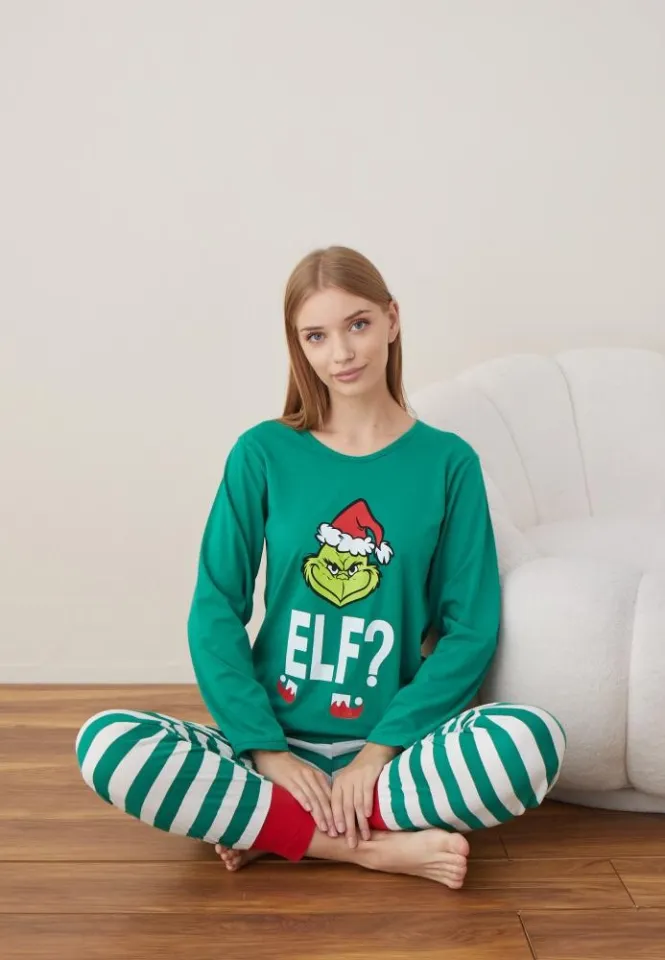 Pijama Craciun Dama Verde Elf Maneca Lunga Pantalon Lungi